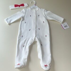 Little Me Quilted Rose Print Footie in White with Headband